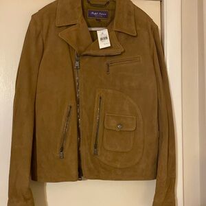 Suede zip up jacket with zip up front pocket buckles in the back purple label.